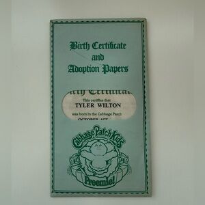 1984 Cabbage Patch Doll Birth Certificate Tyler Wilton Oct 1st